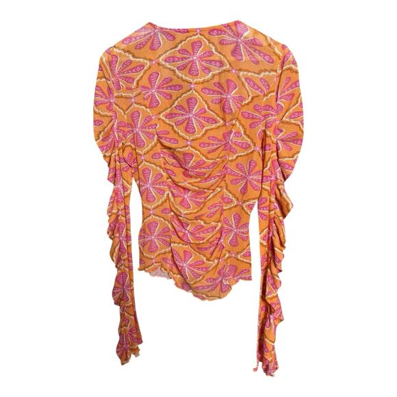 Free People Bohemian NWT Floral Retro Top Orange Pink Long Sleeve Size Large - Picture 3 of 4